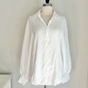Shimmery White Bishop Sleeve Button Down Collared Blouse, Large